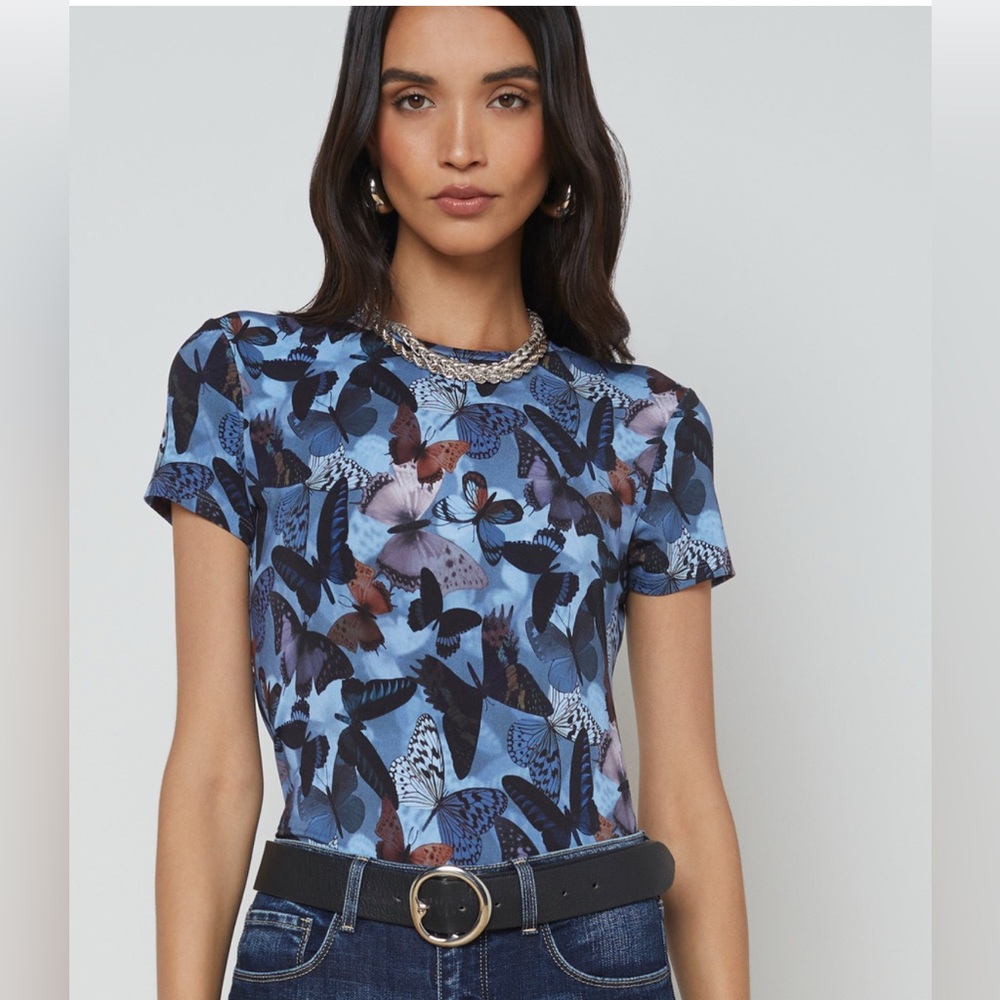 L'AGENCE Blue and Black Butterfly Print Tee